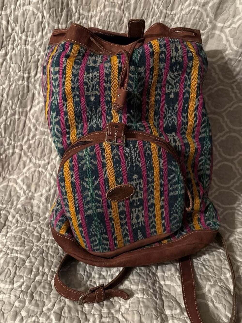 Vintage Guatemalan Handwoven Huipil Fabric and Leather Backpack